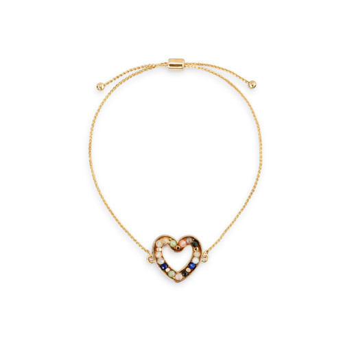 An adjustable gold chain bracelet with a heart shaped charm filled with small multicolor stones.