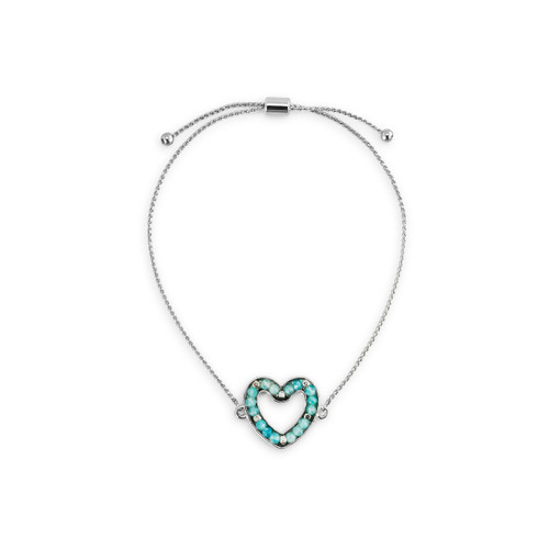 An adjustable silver chain bracelet with a heart shaped charm filled with small aqua stones.