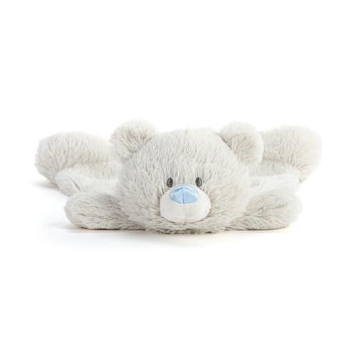 A cream blankie with the face of a bear that has an aquamarine colored nose. The blankie has an aquamarine colored fabric heart shaped patch near the foot, displayed laid flat with the face looking forward.