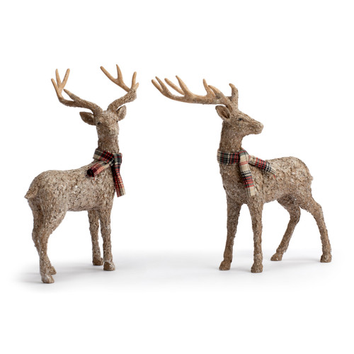 Two brown textured deer figurines wearing plaid scarves, displayed angled to the right.