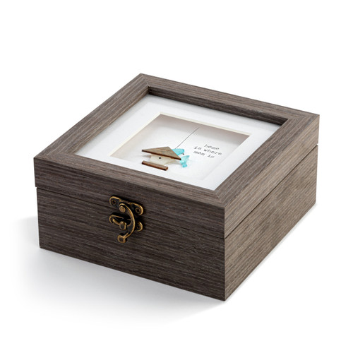 A square gray wood keepsake box with a metal clasp. The top has pebble art of a bird house that says "home is where mom is".