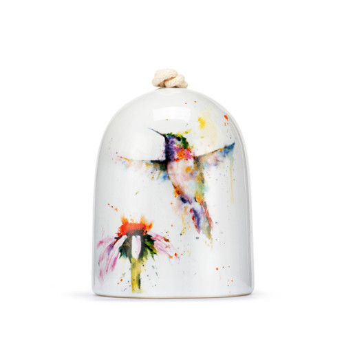 Detail view of the artwork on a white mini ceramic bell with a wood clapper. The bell has a watercolor image of a hummingbird and flower on it.