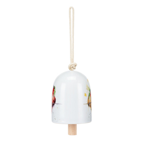 Back view of a white mini ceramic bell with a wood clapper. The bell has a watercolor image of hummingbirds on a wire on it.