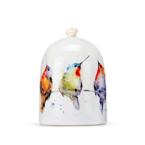 Detail view of the artwork on a white mini ceramic bell with a wood clapper. The bell has a watercolor image of hummingbirds on a wire on it.