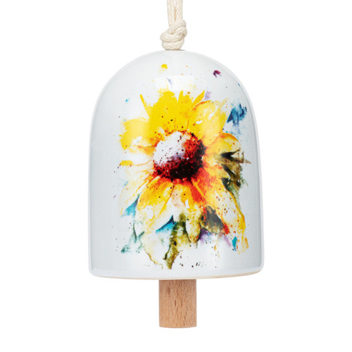 A white mini ceramic bell with a wood clapper. The bell has a watercolor image of a sunflower on it.