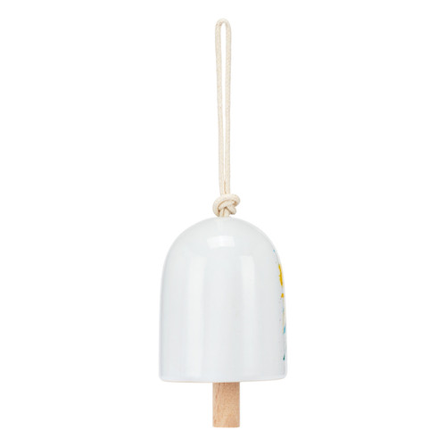 Back view of a white mini ceramic bell with a wood clapper. The bell has a watercolor image of a sunflower on it.