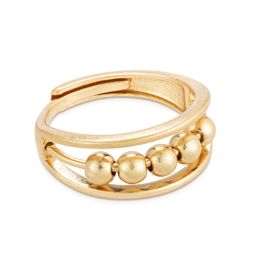 A gold metal adjustable ring with five gold beads in the center that move back and forth, displayed angled to the right.