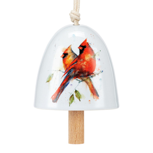 A white mini ceramic bell with a wood clapper. The bell has a watercolor image of a pair of cardinals on it.