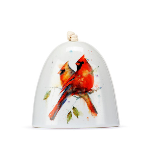 Detail view of the artwork on a white mini ceramic bell with a wood clapper. The bell has a watercolor image of a pair of cardinals on it.