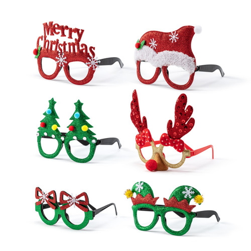 Six different silly holiday glasses with decorations on the top such as elf hats, Santa hats or Christmas trees, displayed angled to the left.