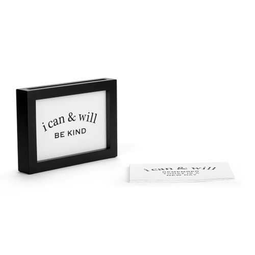 A black rectangular frame with an opening in the top to insert different "i can & will" encouraging statement cards, displayed angled to the right.