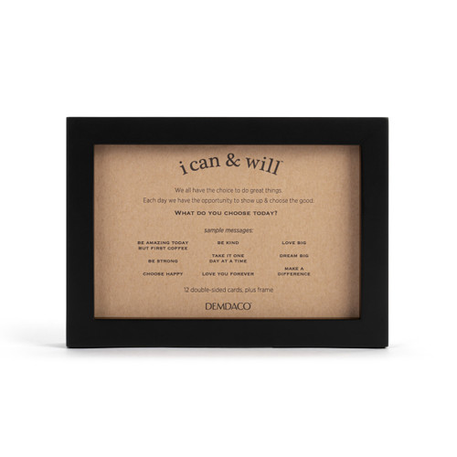 A black rectangular frame with an opening in the top to insert different "i can & will" encouraging statement cards, displayed with a packaging card inside.