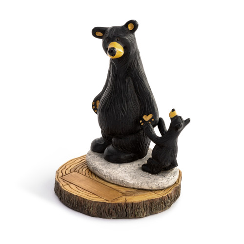 A sculpted figurine of a small black bear pulling on a larger bears paw. The base has a rectangular space for personalization, displayed angled to the left.