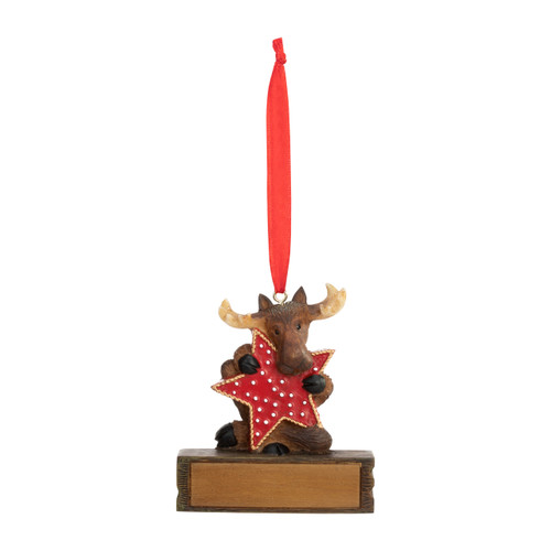 An ornament of a moose holding a red star trimmed in gold, hanging from a red ribbon. There is a spot in front for customization.