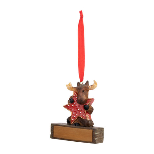 An ornament of a moose holding a red star trimmed in gold, hanging from a red ribbon. There is a spot in front for customization, displayed angled to the left.
