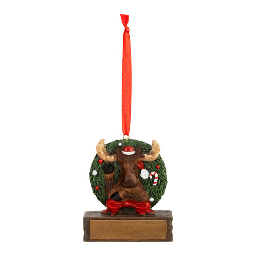 A hanging ornament of a moose head in a green holiday wreath and red ribbon, with a rectangular base that can be personalized.