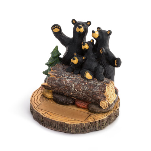A sculpted figurine of a family of black bears on a wood log. The base has a rectangular space for personalization, displayed angled to the left.