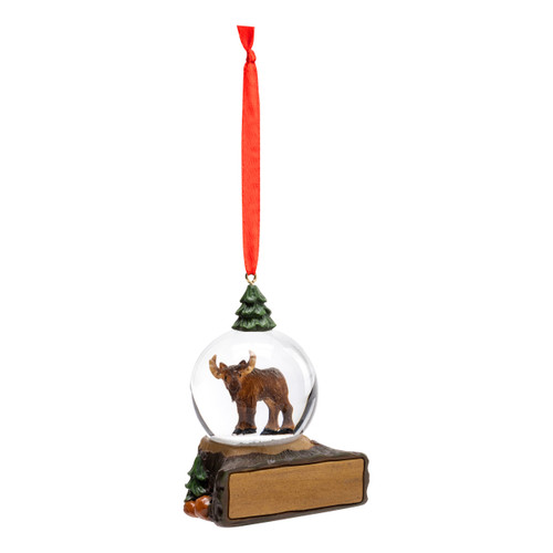 A hanging snow globe ornament with a moose inside on a rectangular base that can be personalized, displayed angled to the right.