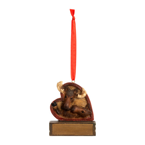 A heart shaped hanging ornament with two moose faces on a rectangular base that can be personalized.