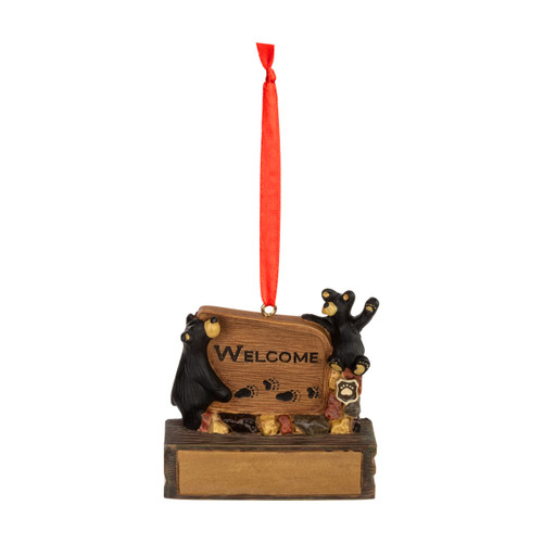 A hanging ornament with two black bears next to a sign that says "Welcome" on a rectangular base that can be personalized.