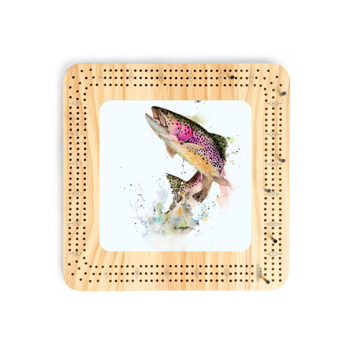 A light wood cribbage board with a watercolor image of a rainbow trout in the middle.