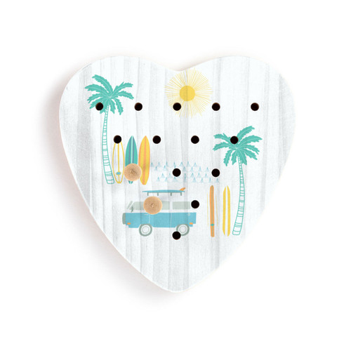 A white wood heart shaped peg game with an illustration of an RV, surfboards and palm trees, displayed with two pegs in the game.