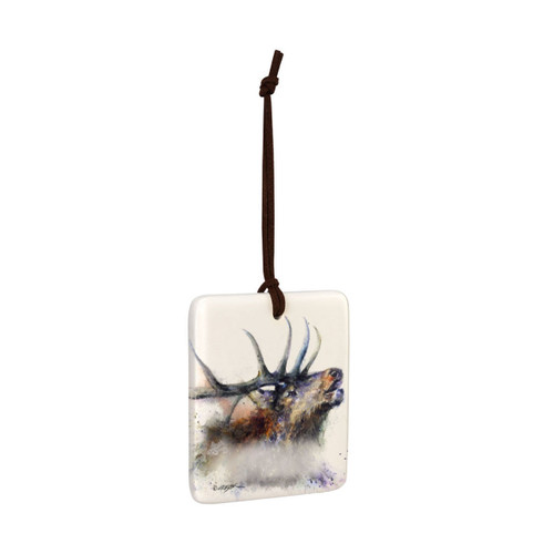 A square cream hanging tile magnet ornament with a watercolor image of an elk, displayed angled to the right.