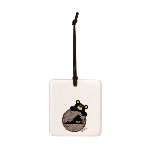 A square cream hanging tile magnet ornament with an illustration of a black bear peeking over a wood stump with the state of Virginia on it.