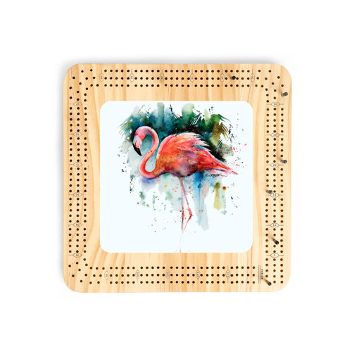 A light wood cribbage board with a watercolor image of a flamingo in the middle.