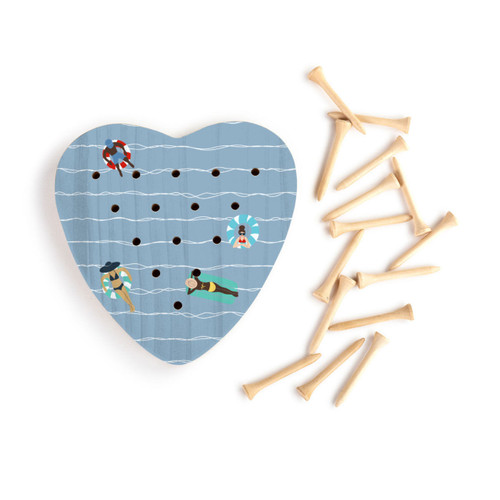 A blue wood heart shaped peg game with an illustration of people on floats in the water, displayed with the wood pegs out and to the side.