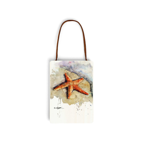 A white wood hanging gift card ornament with a watercolor image of a starfish on the front. The back has a holder for a gift card.