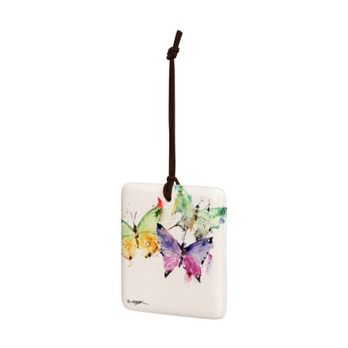 A square cream hanging tile magnet ornament with a watercolor image of colorful butterflies, displayed angled to the left.