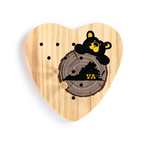 A wood heart shaped peg game with a black bear peeking over a wood stump with Virginia on it, displayed with 2 pegs in the game.