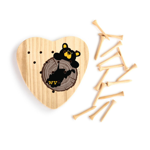 A wood heart shaped peg game with a black bear peeking over a wood stump with West Virginia on it, displayed with the wood pegs out and to the side.