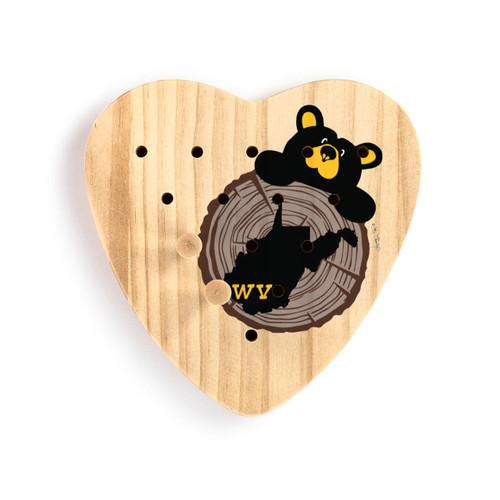 A wood heart shaped peg game with a black bear peeking over a wood stump with West Virginia on it, displayed with 2 pegs in the game.