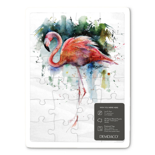 A 24 piece puzzle postcard with the watercolor image of a flamingo, displayed with a product sticker attached.