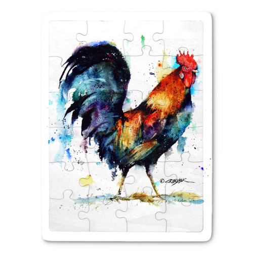 A 24 piece puzzle postcard with the watercolor image of a rooster.