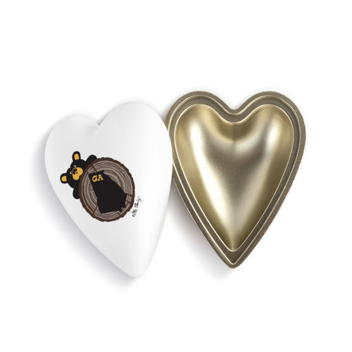 Heart shaped keeper with the image of a black bear peeking over a tree stump with Georgia on it, with the lid offset to the base.