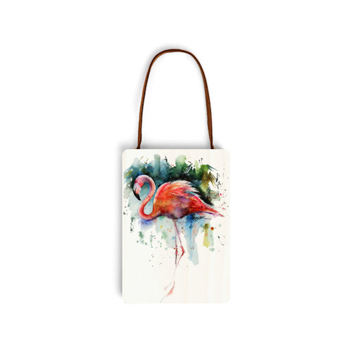 A white wood hanging gift card ornament with a watercolor image of a flamingo on the front. The back has a holder for a gift card.