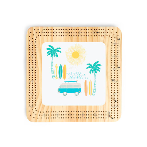 A light wood cribbage board with an illustration of a minibus, surfboards and palm trees in the center.