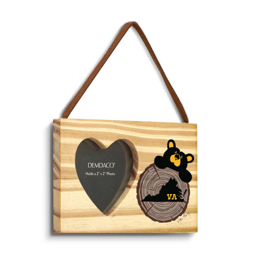 A rectangular wood hanging ornament with a 2x2 inch heart shaped photo opening next to an image of a black bear peeking over a wood stump with Virginia on it, displayed angled to the right.