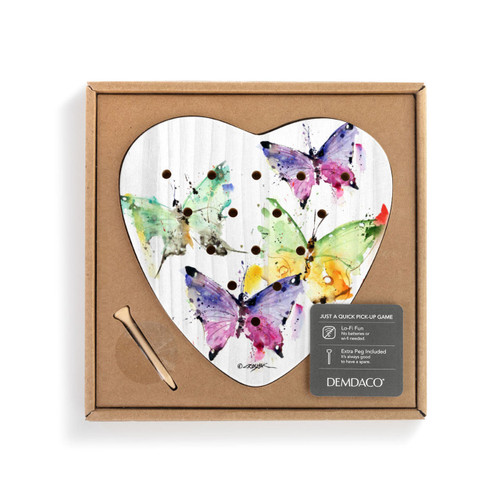A white wood heart shaped peg game with a watercolor image of colorful butterflies, displayed in a packaging box.