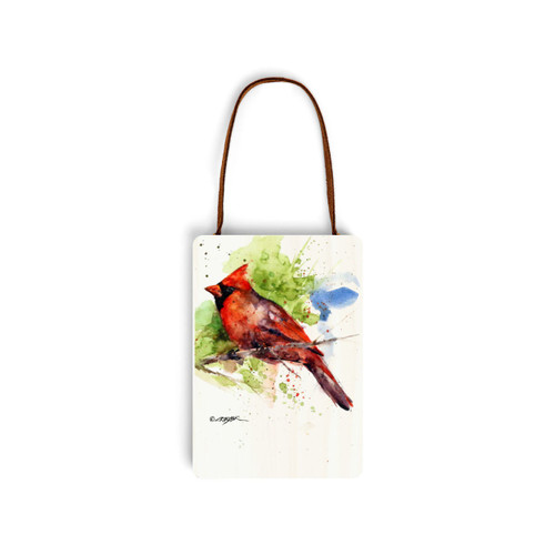 A white wood hanging gift card ornament with a watercolor image of a red cardinal on the front. The back has a holder for a gift card.
