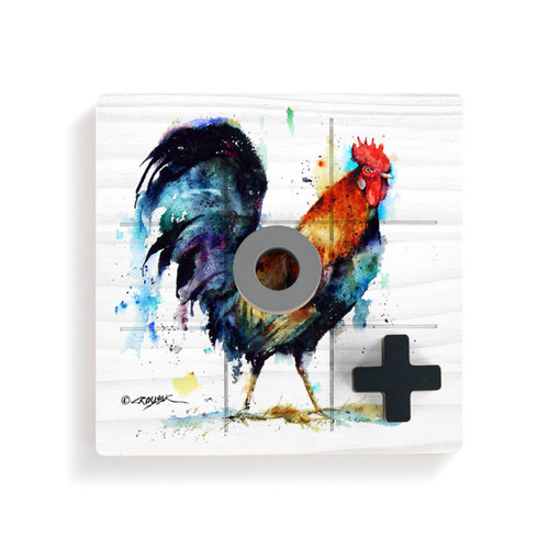 A square white wood board for tic tac toe with a watercolor image of a rooster, displayed with a gray O and black X on top.