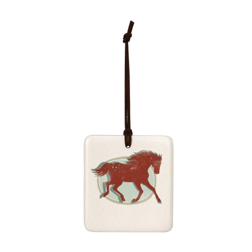 A square white tile hanging magnet ornament with a brown running horse.