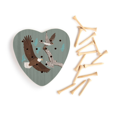 A dark green wood heart shaped peg game with an illustration of different birds in flight, displayed with the wood pegs out and to the side.
