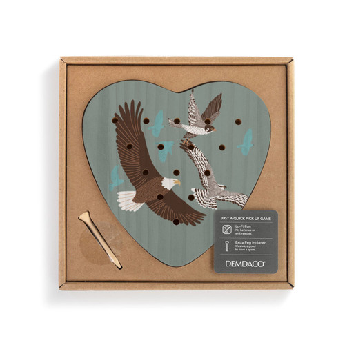 A dark green wood heart shaped peg game with an illustration of different birds in flight, displayed in a packaging box.