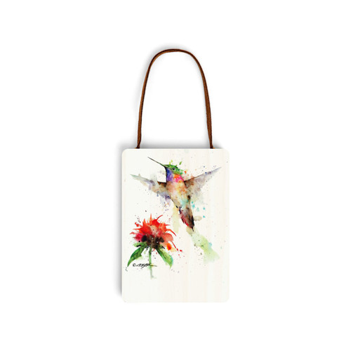 A white wood hanging gift card ornament with a watercolor image of a hummingbird and red flower on the front. The back has a holder for a gift card.