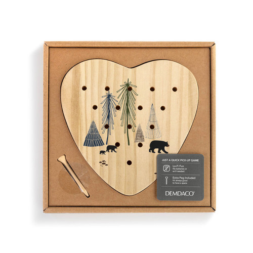 A wood heart shaped peg game with an illustration of bears in the forest, displayed in a packaging box.