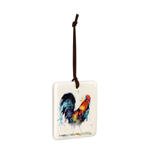 A square cream hanging tile magnet ornament with a watercolor image of a rooster, displayed angled to the right.